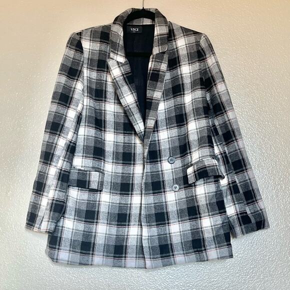 VICI Collection Plaid Peacoat in Black Multi Small - Picture 2 of 8